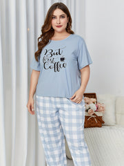 Letter Print Pajama Set - Short Sleeve Top & Gingham Print Pan