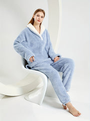 Fuzzy Pajama Set V Neck Top & Pants Women's Sleepwear