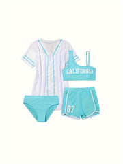 4pcs California Print Swimwear Set for Girls