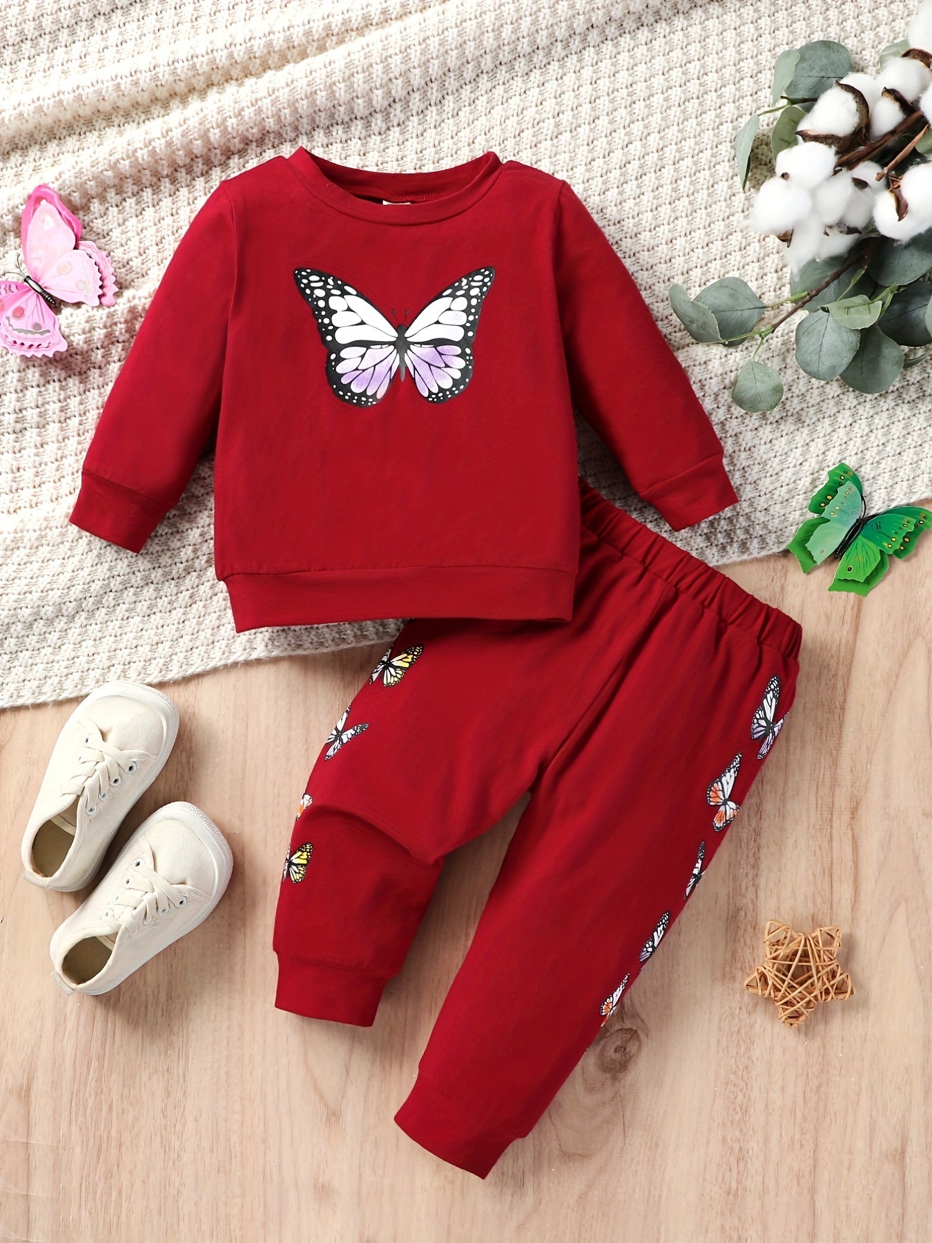 Solid Butterfly Printed Pullover Top & Trousers Suit