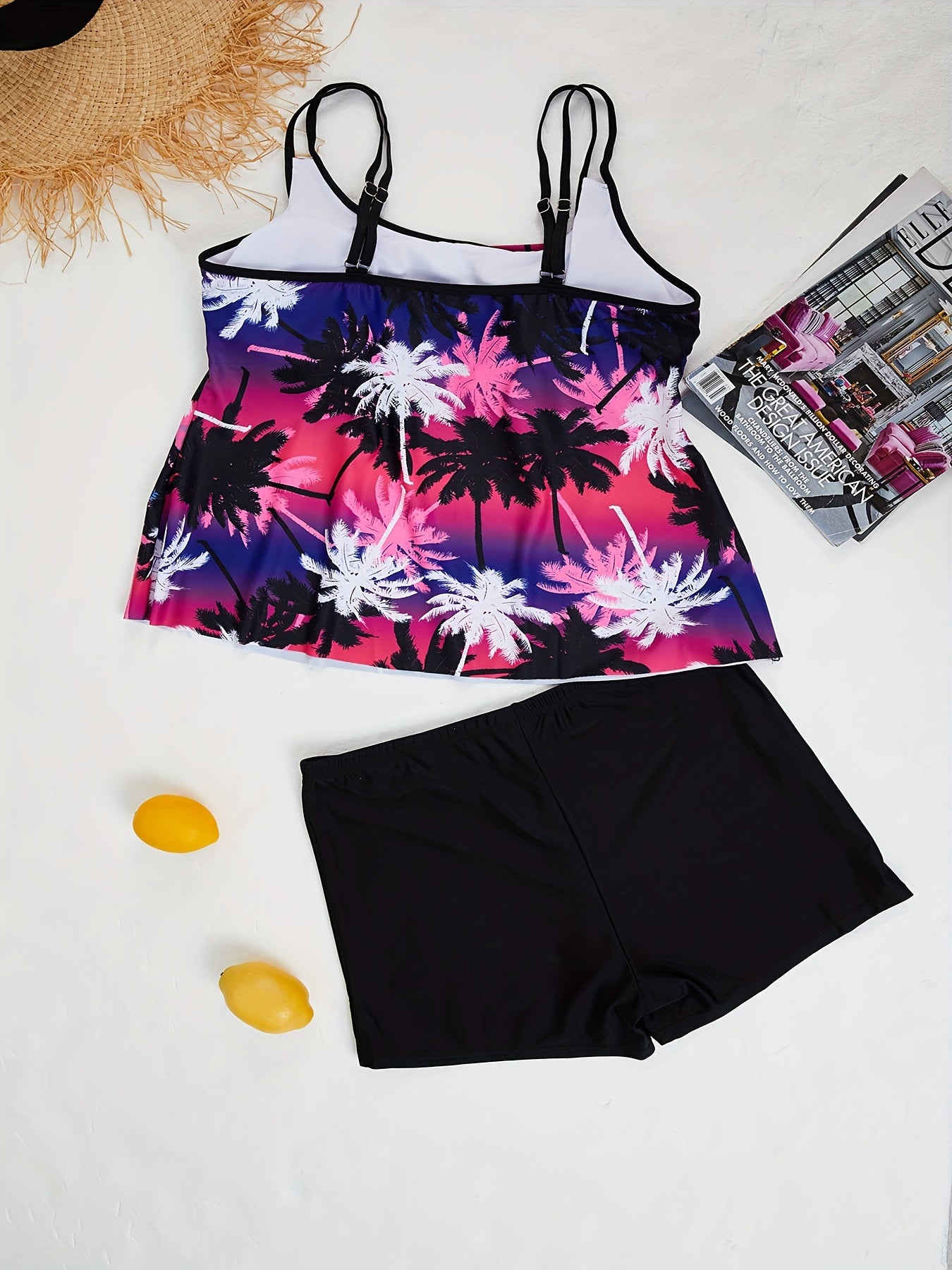 Coconut Tree Print Tank Top & Solid Shorts Swimsuit Set