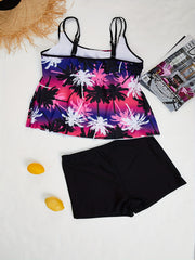 Coconut Tree Print Tank Top & Solid Shorts Swimsuit Set
