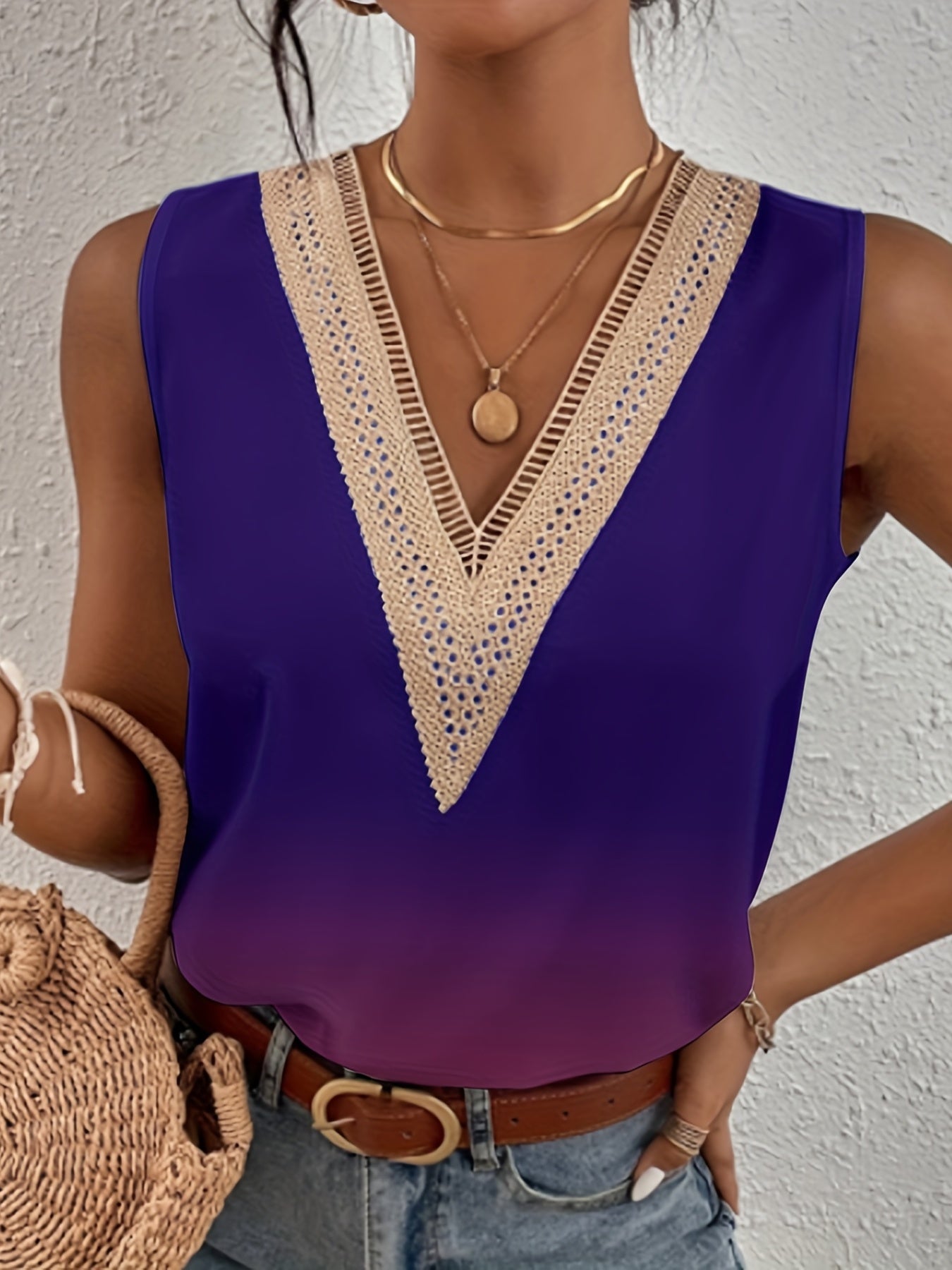 Lace Trim Tank Top Gradient Sleeveless Summer Top