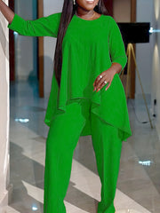 Solid Long Sleeve Round Neck Tunic Top & Pants Outfit Set