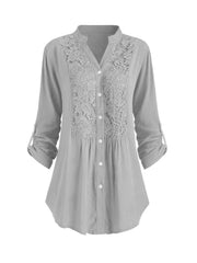 Solid Button Up Lace Panel Blouse