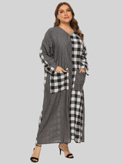 Colorblock Plaid Pattern Maxi Dress Women's Plus Casual V Neck Long Dress