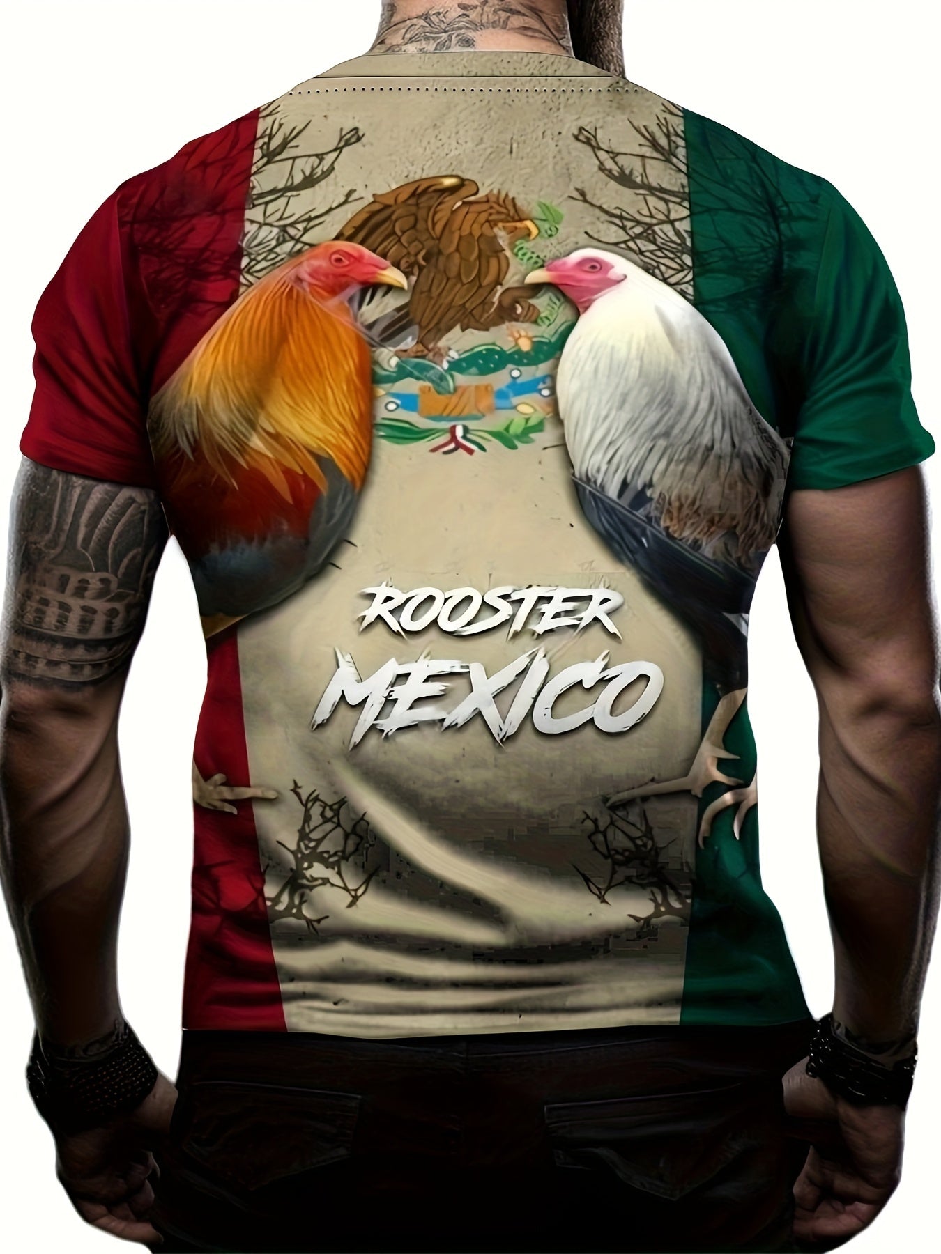 MEXICO Rooster Pattern Print Men's Short Sleeve T Shirt