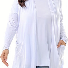 Solid Long Sleeve Open Front Cardigan With Pockets