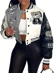 Button Front Varsity Jacket Casual Long Sleeve Baseball Neck Outerwear