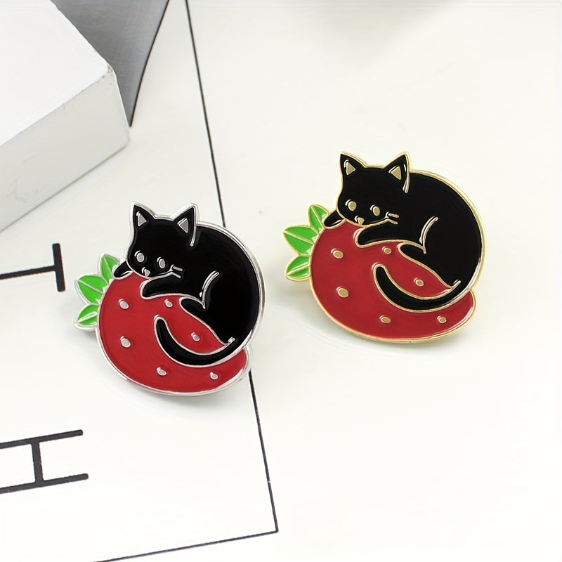 Cat & Strawberry Brooch Set Cute Animal Fruit Pins for Clothing Bags