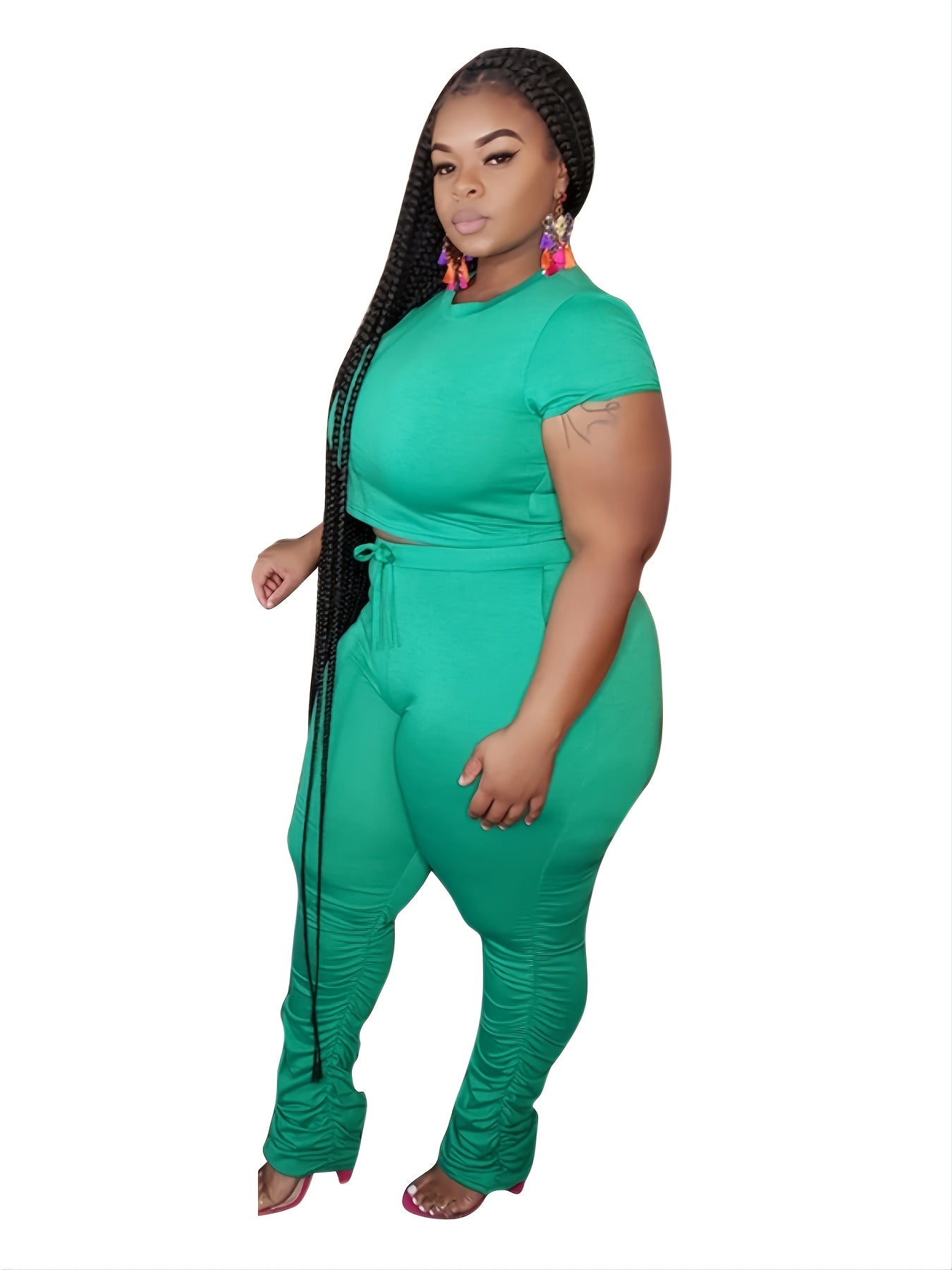 Solid Crop Top & High Waist Pant Set Women's Plus Casual Co ords