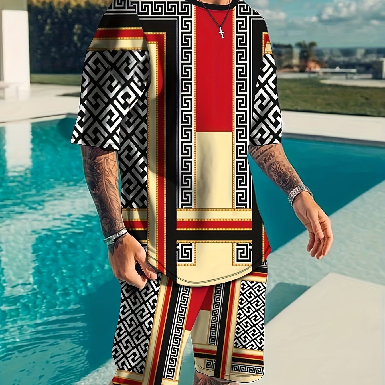 Men's Two-Piece Geometry Pattern T-shirt and Shorts Set
