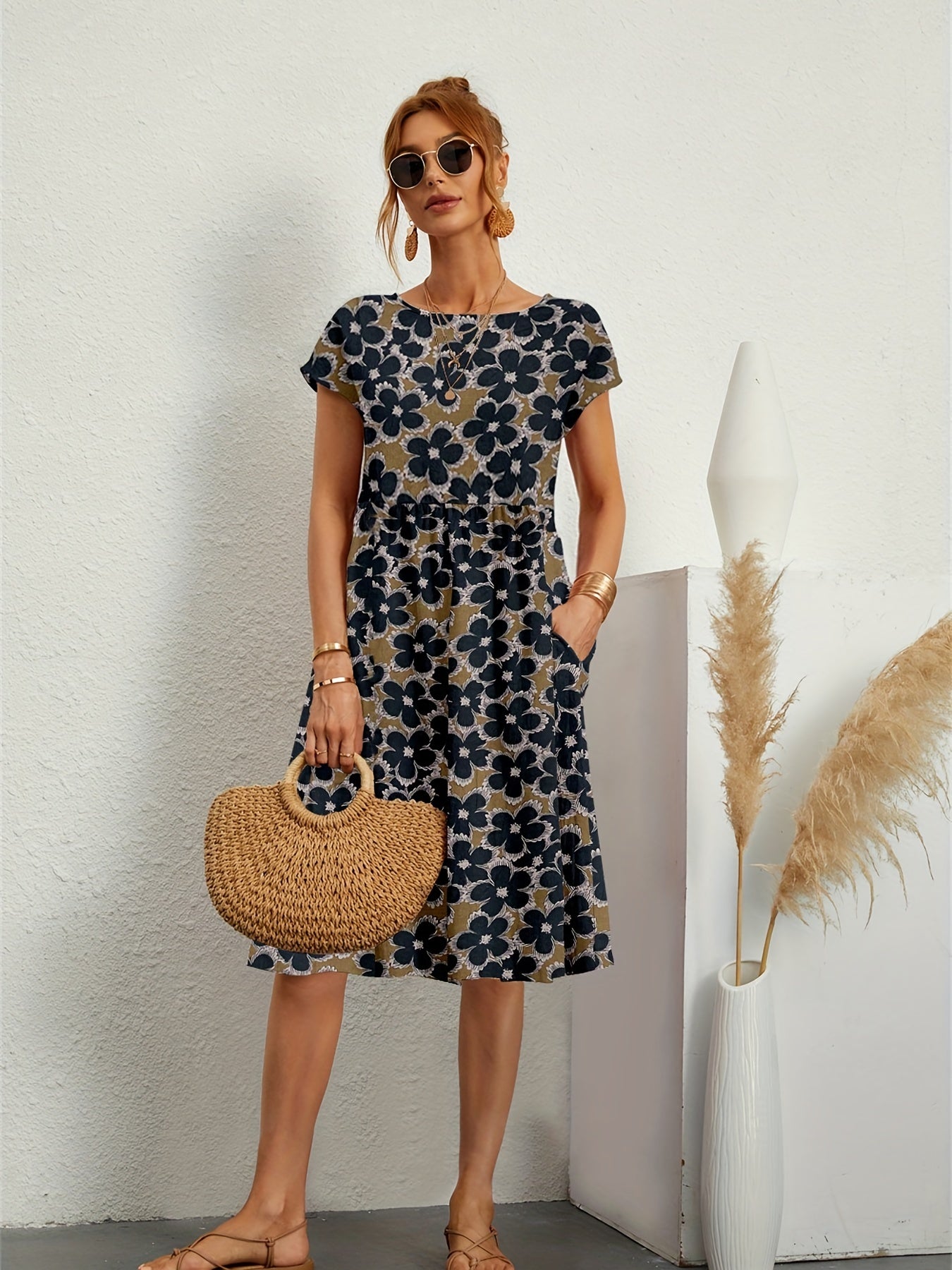 Floral Print Short Sleeve Dress Vintage Style