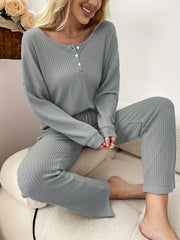 Solid Waffle Lounge Set Long Sleeve Top & Pants Women's Loungewear