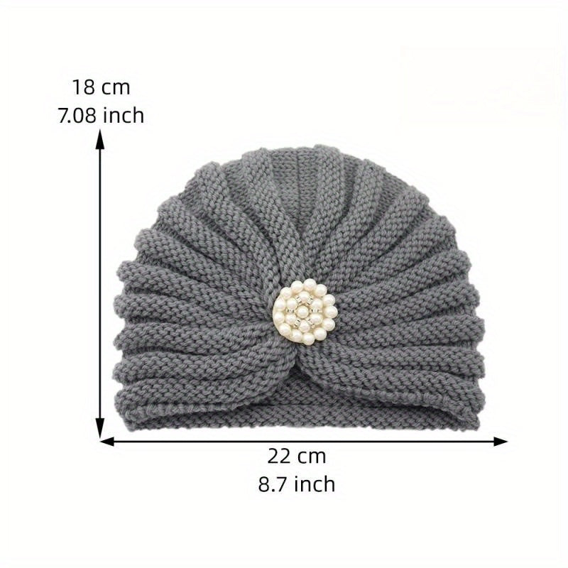 Faux Pearl Pleated Turban Cap Knit Head Wrap Beanie Warm Hat Ramadan Hijab Chemo