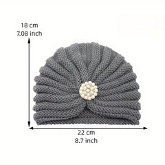 Faux Pearl Pleated Turban Cap Knit Head Wrap Beanie Warm Hat Ramadan Hijab Chemo