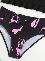 3pcs Girls Fire Heart Bikini Sets Long Sleeve Top Ruffle Trim Briefs