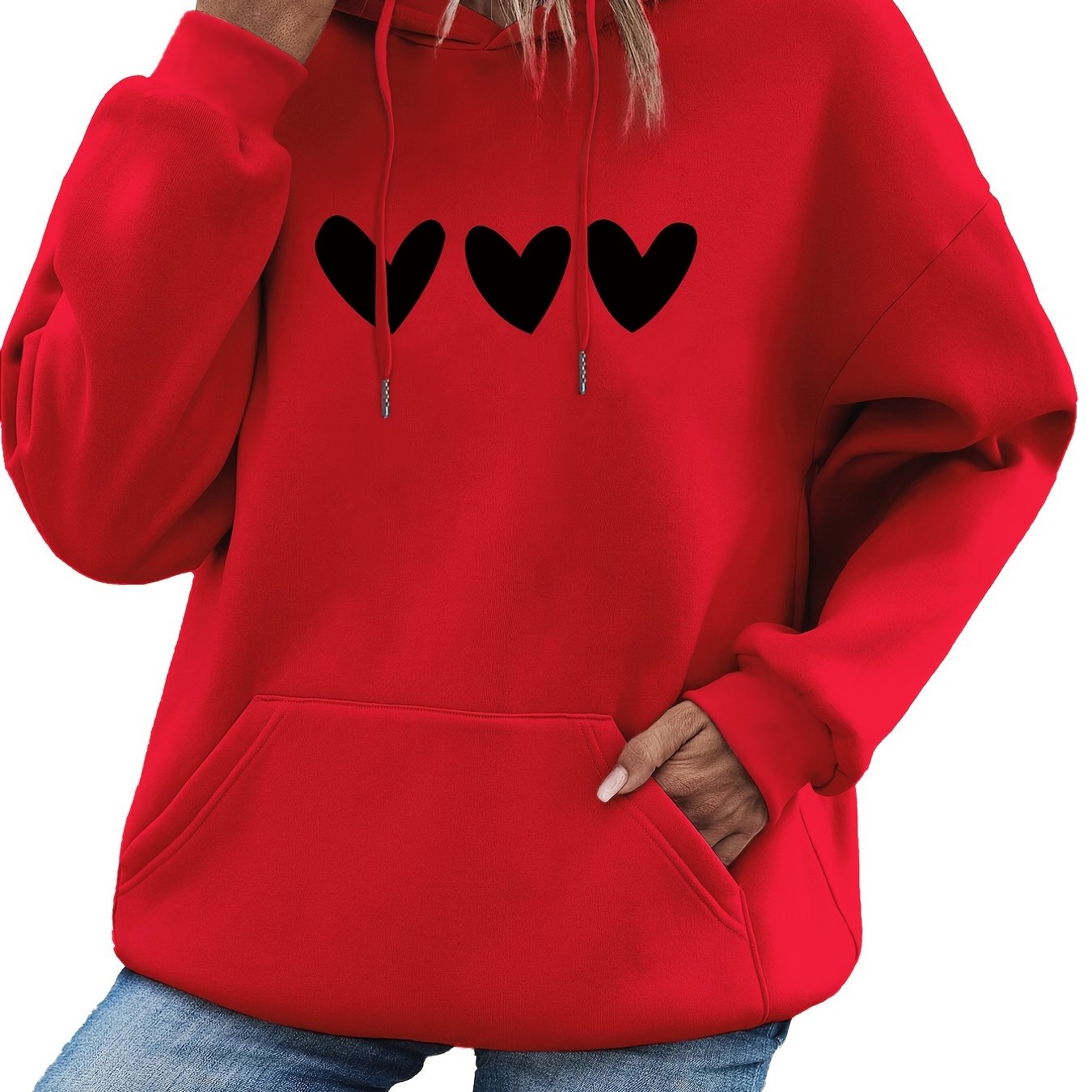 Heart Print Kangaroo Pocket Hoodie Long Sleeve Drawstring Hoodie
