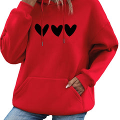 Heart Print Kangaroo Pocket Hoodie Long Sleeve Drawstring Hoodie