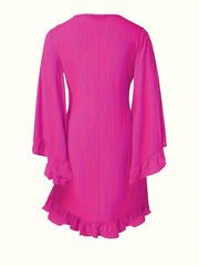Solid Bell Sleeve V Neck Ruffle Trim Dress