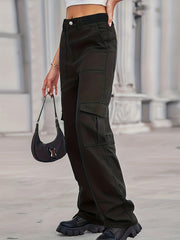 Loose Fit Cargo Denim Pants Mid Waist Straight Legs Denim Pants