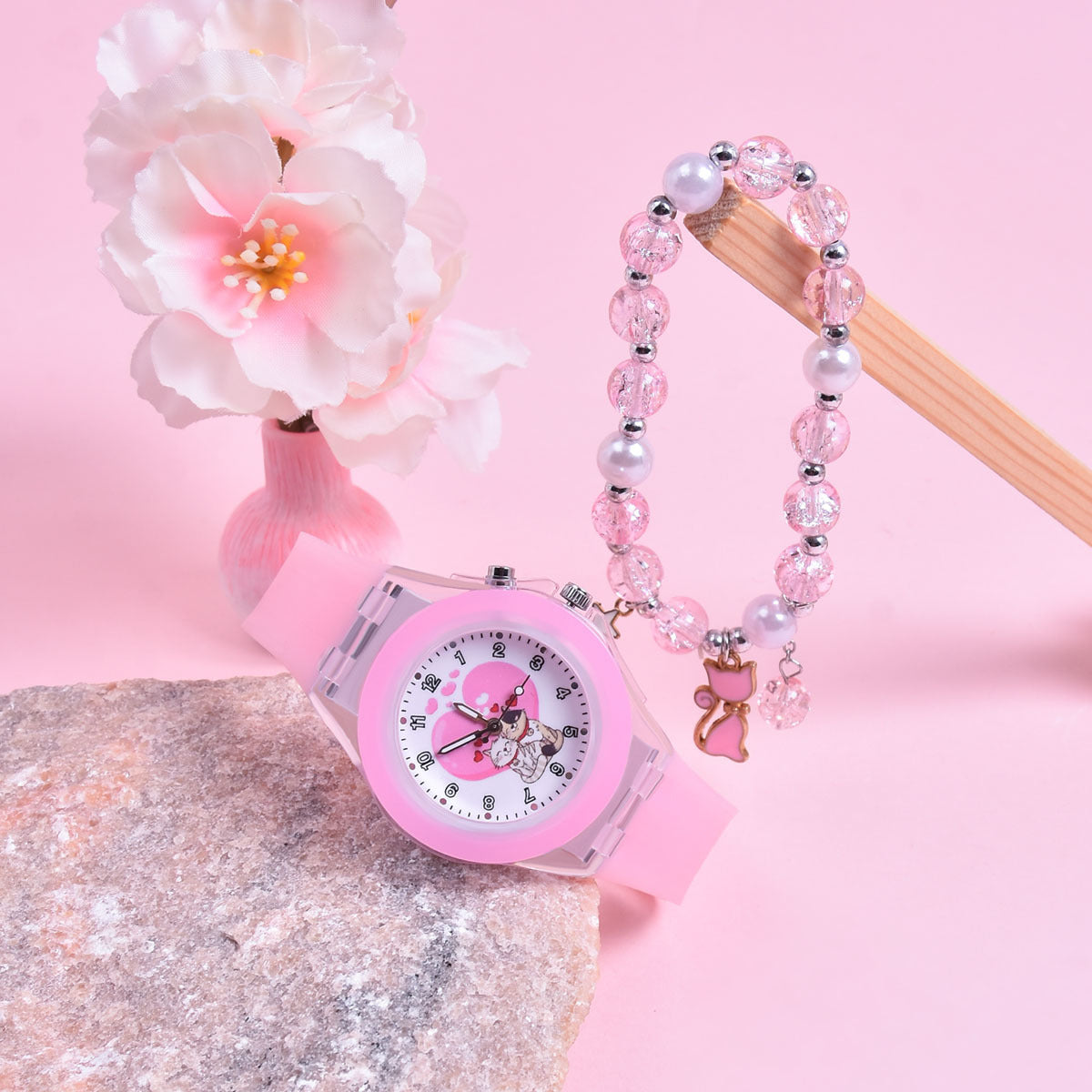 2pcs Girls' Cat Watch Set with Soft Silicone Strap & Beaded Bracelet