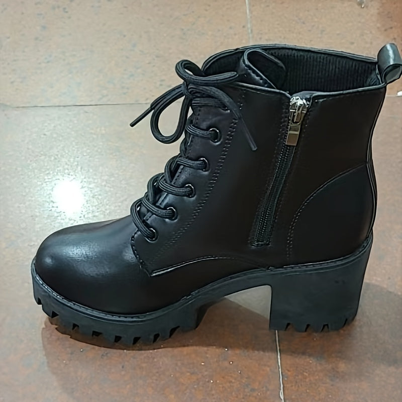 Women's Platform Block Heel Combat Boots Side Zipper