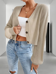 Solid Button Up Crop Cardigan Casual Long Sleeve Sweater