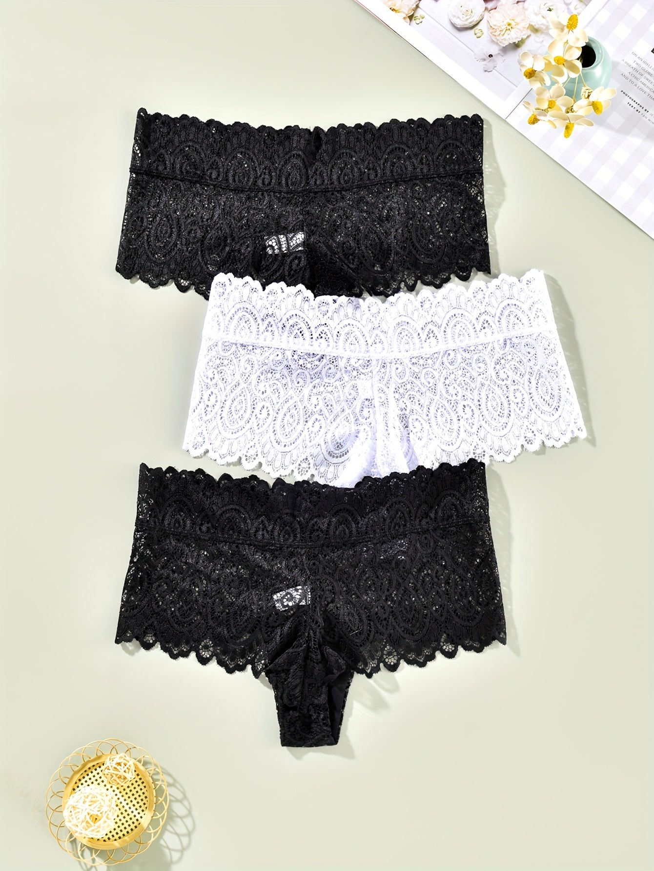 3 Pack Plus Size Lace Panties Set Women's Floral Underwear