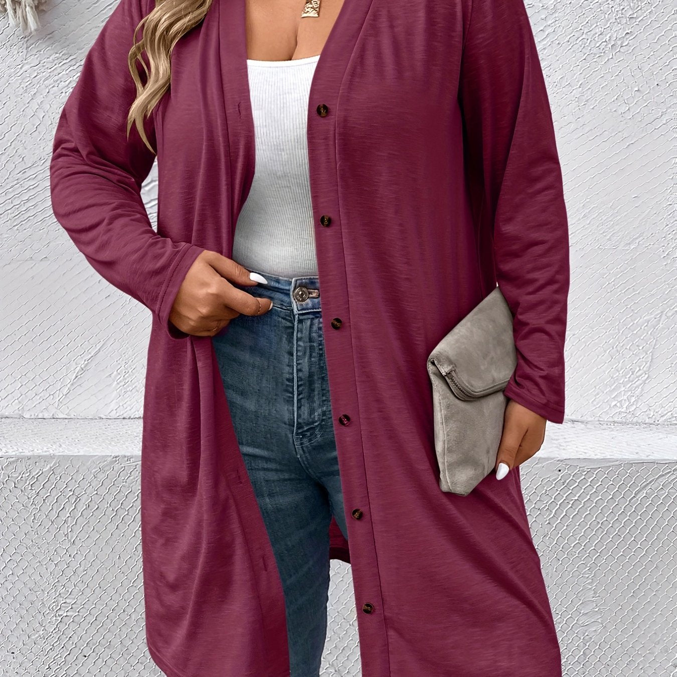 Women's Plus Solid Button Up Long Sleeve Cardigan