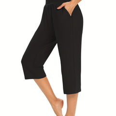 Elastic Waist Cropped Pants with Pockets for Women