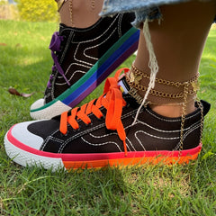 Women's Rainbow Canvas Sneakers Low Top Flat Skate Shoes