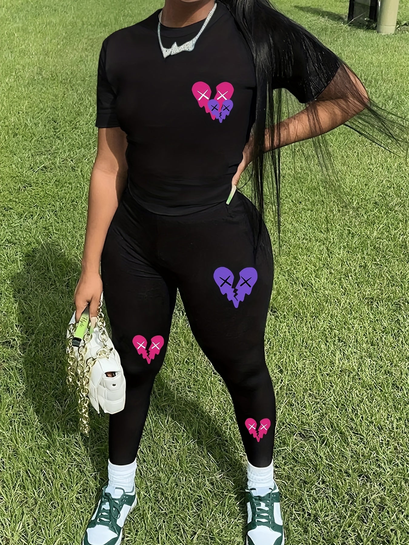 Broken Heart Print Two-piece Set Short Sleeve Tee & Leggings Outfits