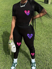 Broken Heart Print Two-piece Set Short Sleeve Tee & Leggings Outfits