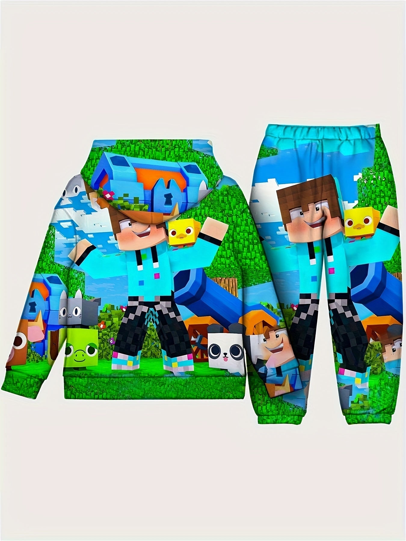 2pcs Boy's Hoodie Outfit Cartoon Pattern Set Long Sleeve Top Kid's Clothes