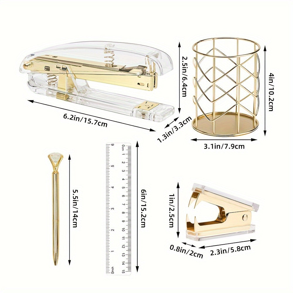 Golden Office Supplies Set - Stapler Pen Holder Pen Ruler