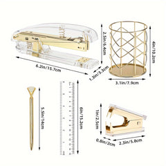 Golden Office Supplies Set - Stapler Pen Holder Pen Ruler