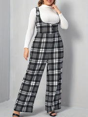 Plaid Overall Straight Leg Jumpsuit Button Decor