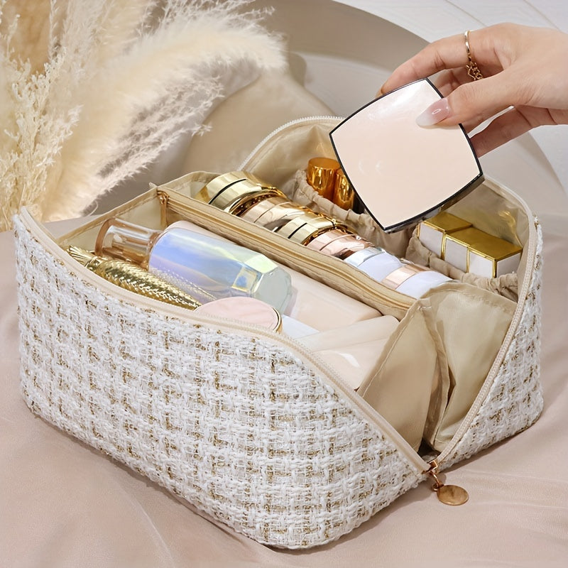Plaid Pattern Cosmetic Travel Bag Large Capacity Toiletry Skincare Cosmetics
