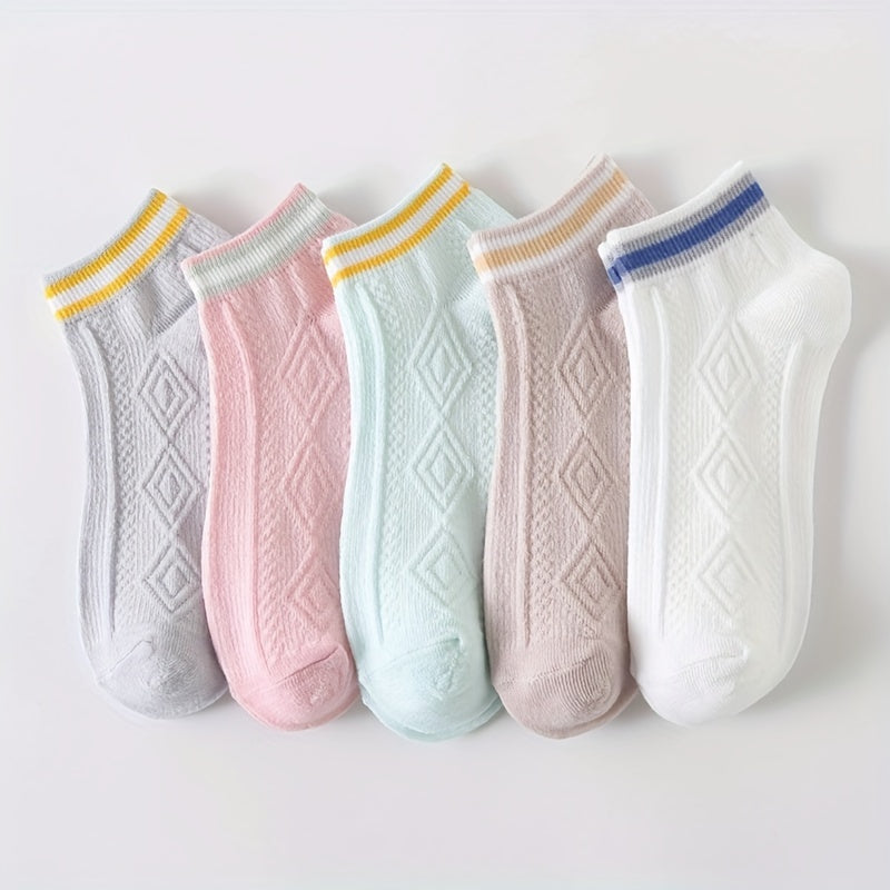 5 Pairs Colorblock Short Socks Soft & Light Ankle Argyle Stockings
