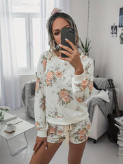 Floral Print Lounge Set Crew Neck Top & Lace Up Shorts