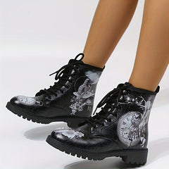 Women's Printed Chunky Heel Lace Up Short Boots Halloween Boots