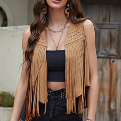 Western Hollow Out Fringe Trim Vest Jacket Casual Sleeveless Open Front Vest