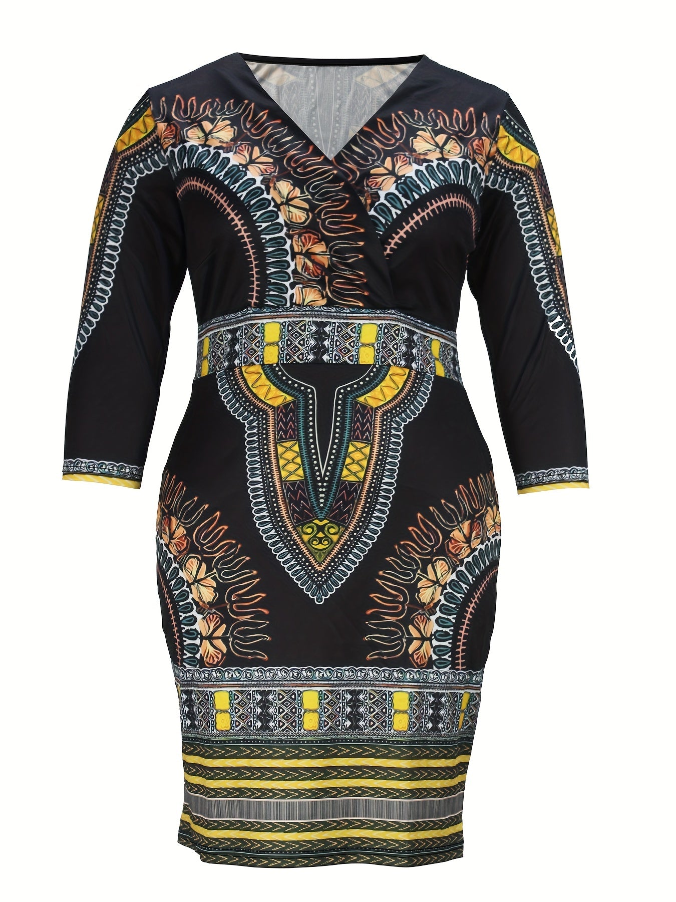 Tribal Print Surplice Neck Bodycon Midi Dress