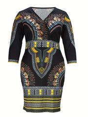 Tribal Print Surplice Neck Bodycon Midi Dress