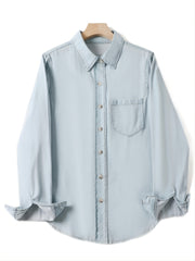 Casual Loose Fit Collared Denim Shirt Single Pocket Long Sleeved Denim Shirt