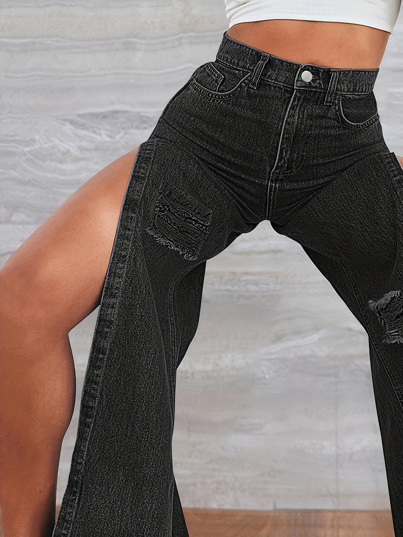 High Rise Snowflake Fabrics Split Thigh Washed Denim Jeans