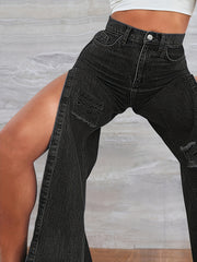 High Rise Snowflake Fabrics Split Thigh Washed Denim Jeans