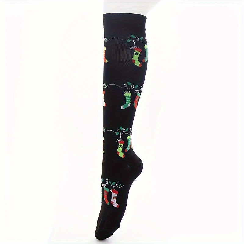 Christmas Print Calf Socks Women's Knee High Stockings