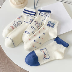 5 Pairs Cartoon Animal Print Short Socks for Women